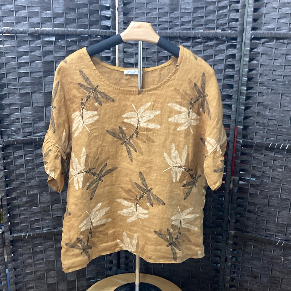 100% Linen Brown/Tan Dragonfly Print Women's Top